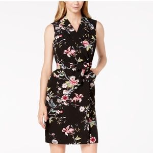 Calvin Klein Dress Wrap Style Collar Floral Black